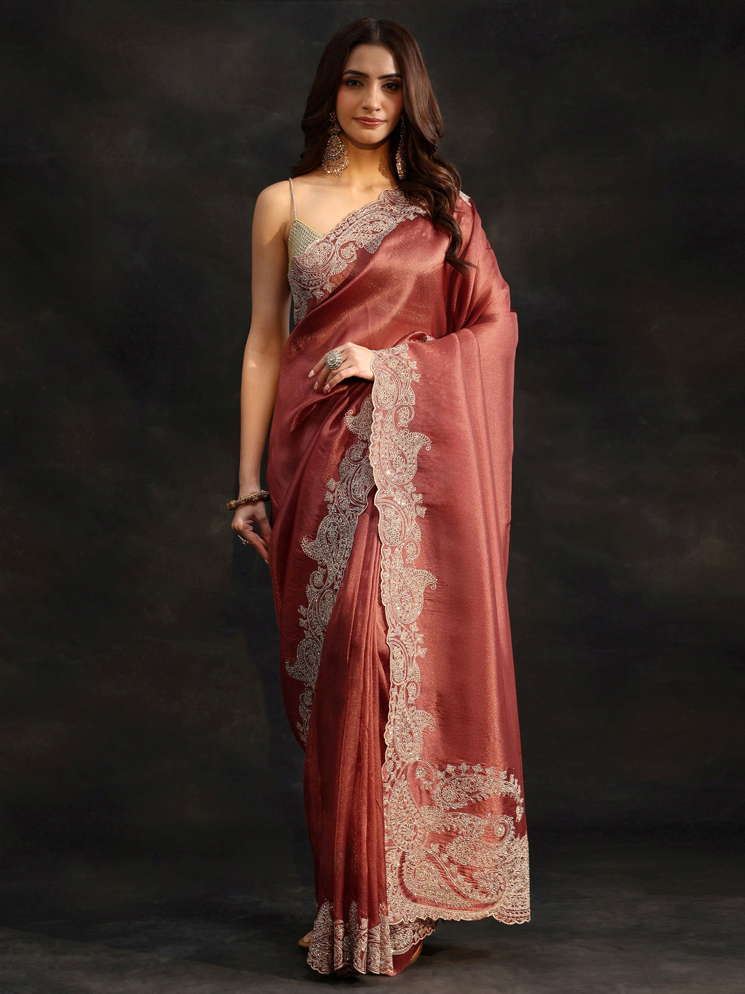 Libas Art Dusty Rose Pink Net Saree with Paisley Border