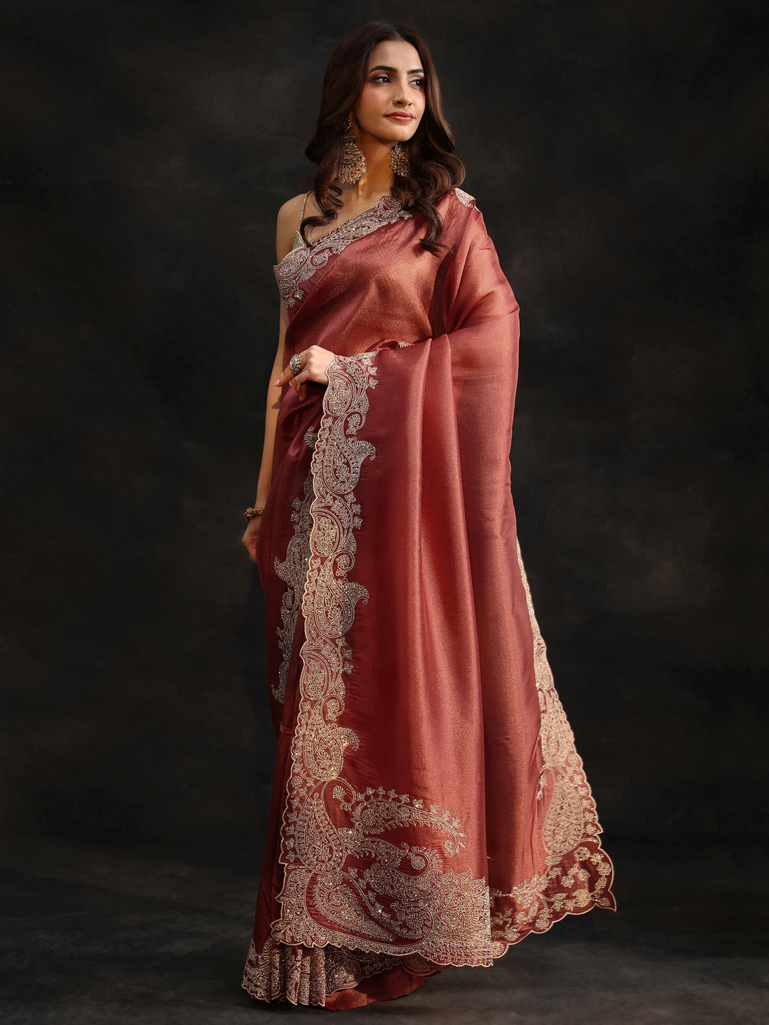 Libas Art Dusty Rose Pink Net Saree with Paisley Border