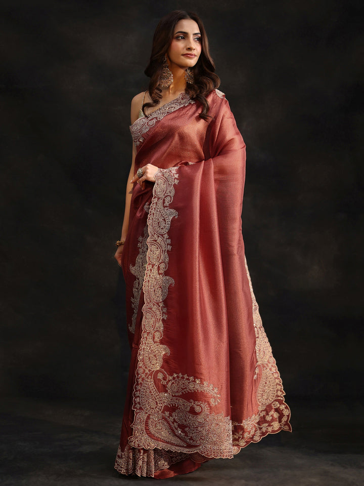 Libas Art Dusty Rose Pink Net Saree with Paisley Border
