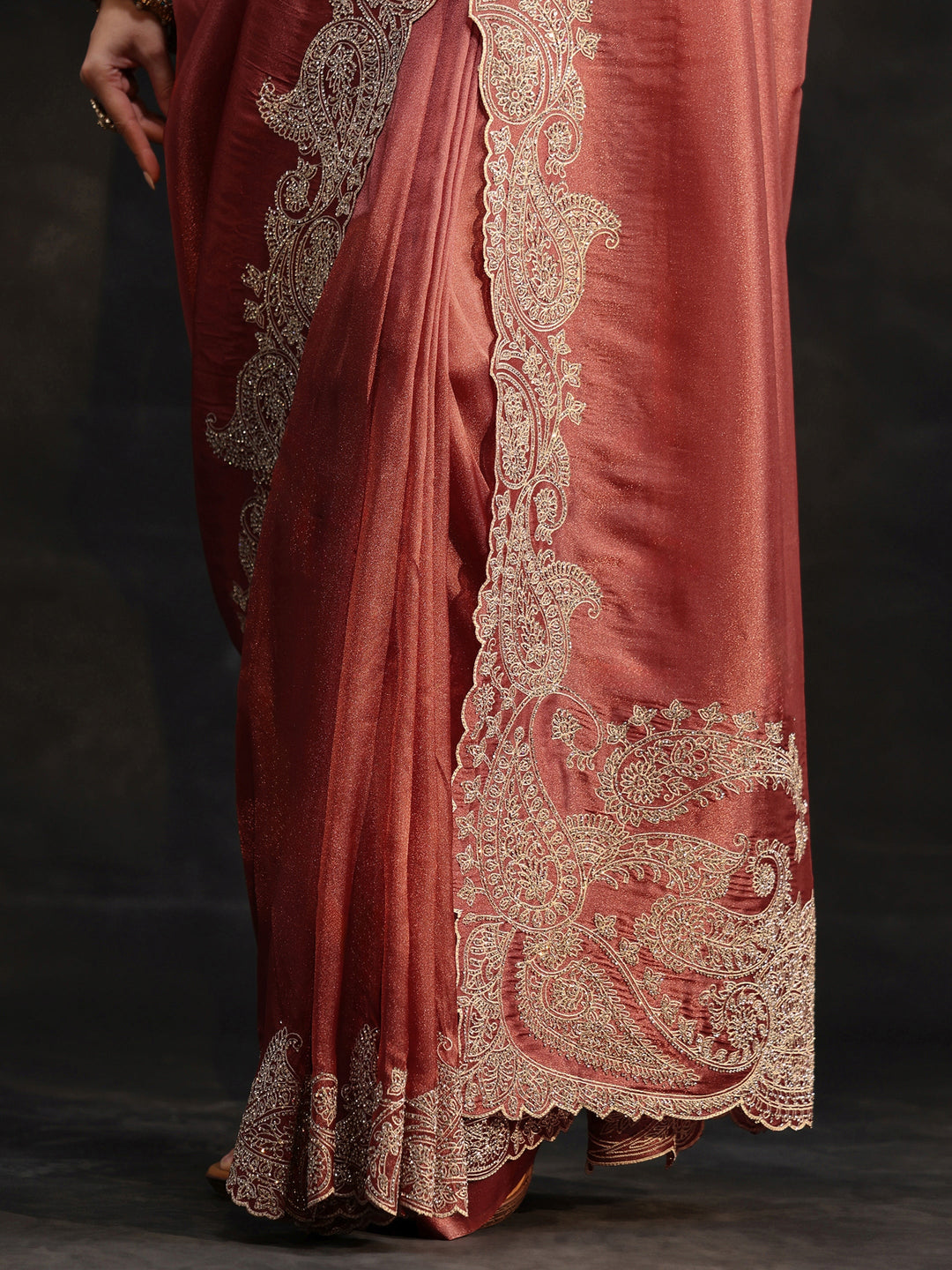 Libas Art Dusty Rose Pink Net Saree with Paisley Border