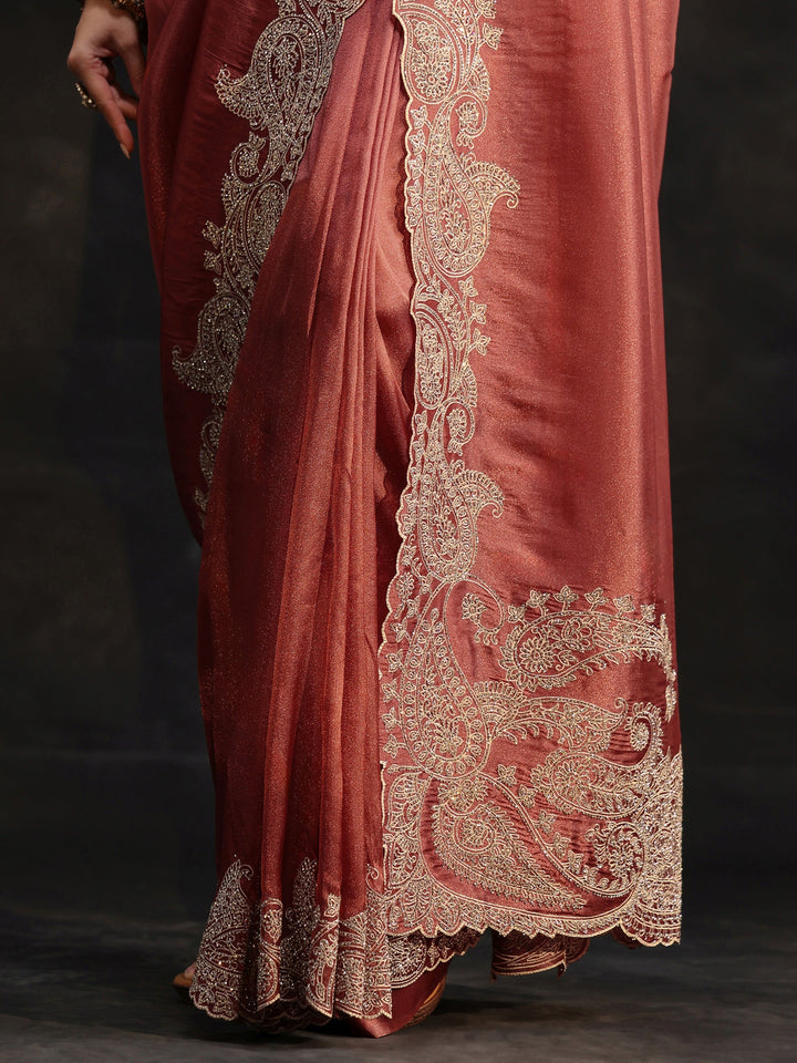 Libas Art Dusty Rose Pink Net Saree with Paisley Border