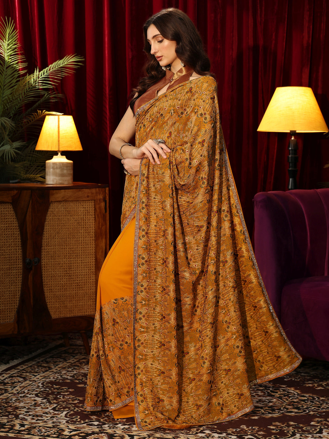 Libas Art Mustard Printed Georgette Saree with Embellished Border