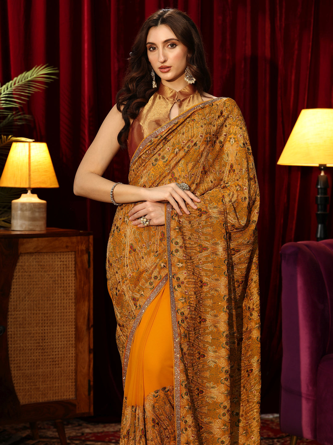 Libas Art Mustard Printed Georgette Saree with Embellished Border