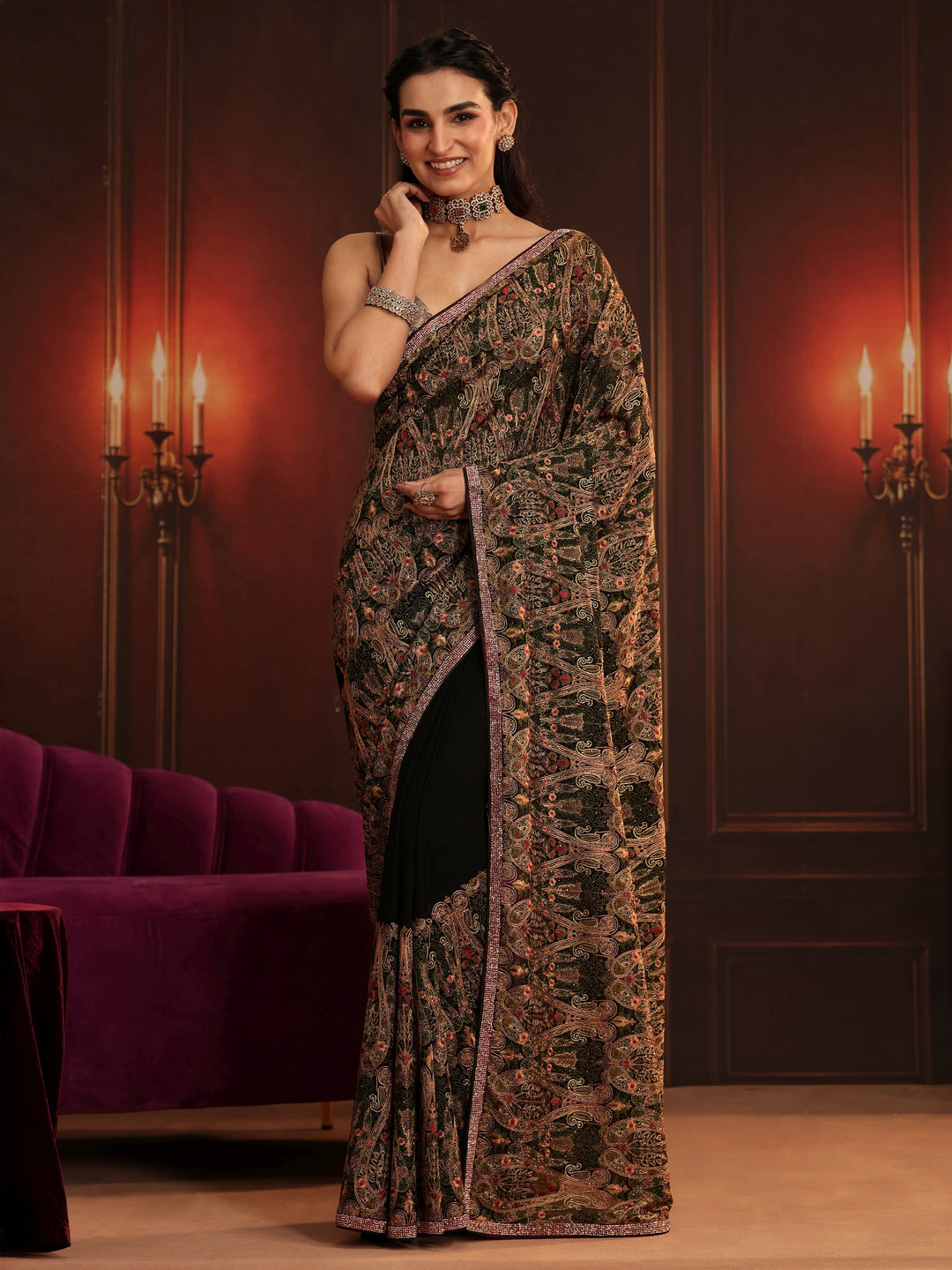 Libas Art Black Paisley Embellished Georgette Saree