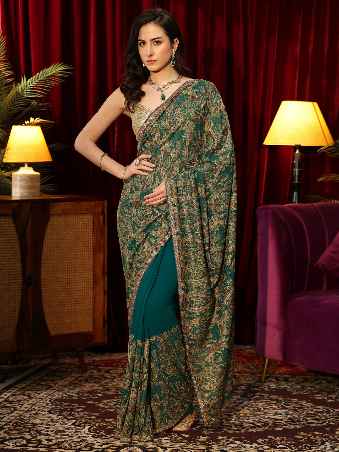 Libas Art Teal Green Printed Georgette Saree with Embellished Border