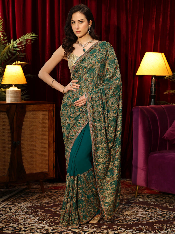 Libas Art Teal Green Printed Georgette Saree with Embellished Border