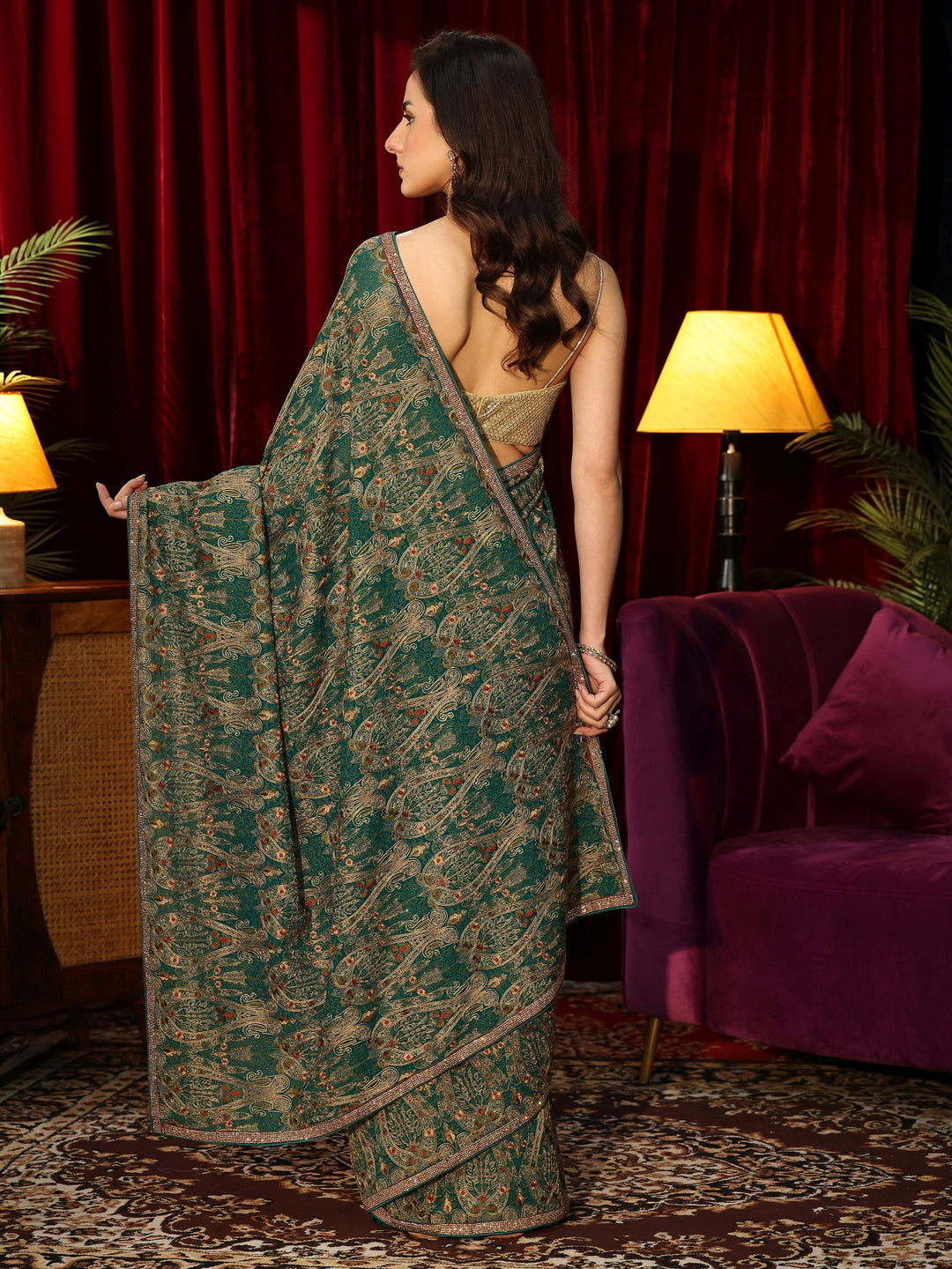 Libas Art Teal Green Printed Georgette Saree with Embellished Border