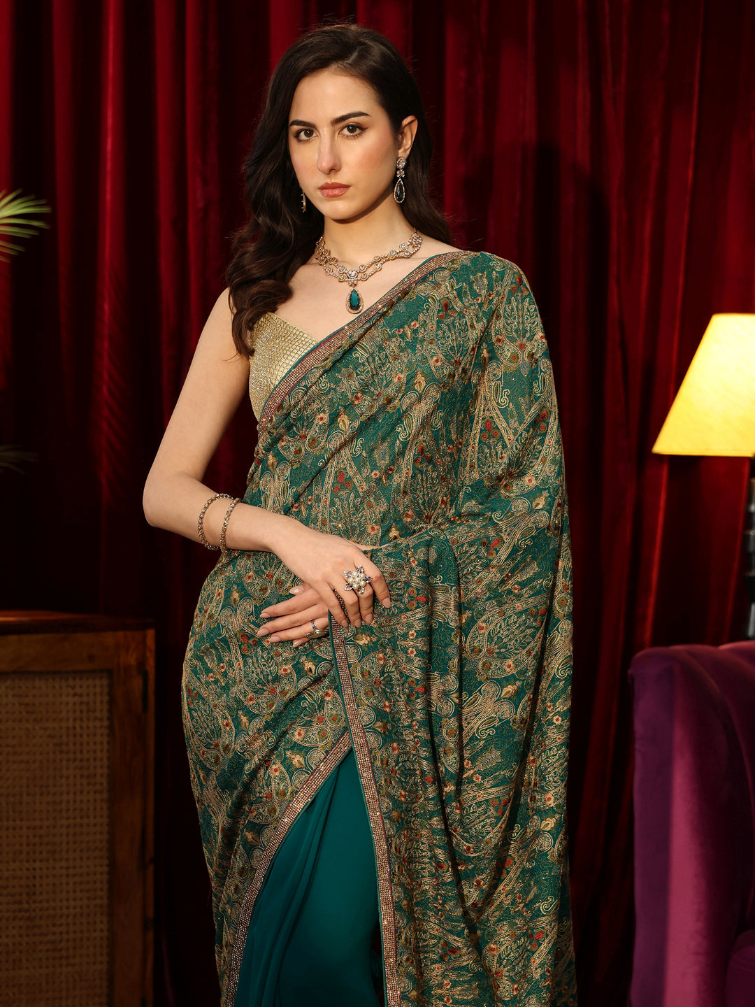 Libas Art Teal Green Printed Georgette Saree with Embellished Border