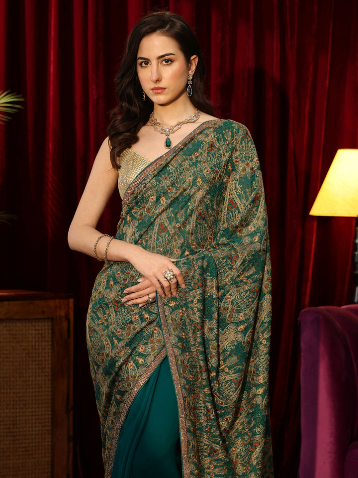 Libas Art Teal Green Printed Georgette Saree with Embellished Border