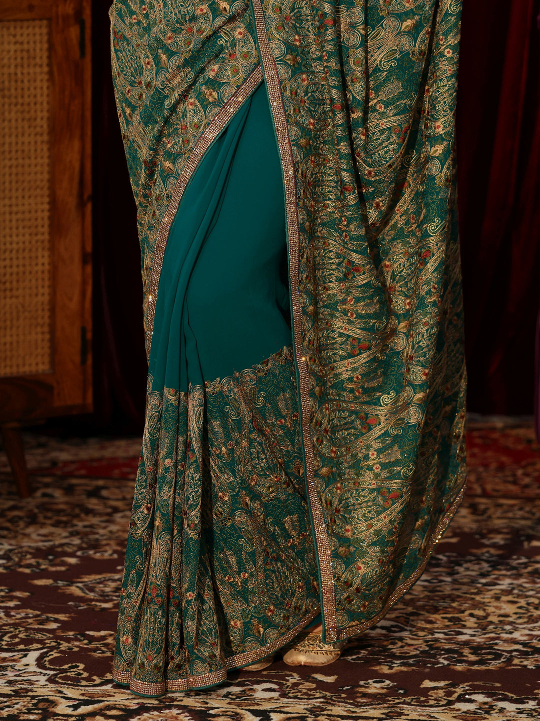 Libas Art Teal Green Printed Georgette Saree with Embellished Border