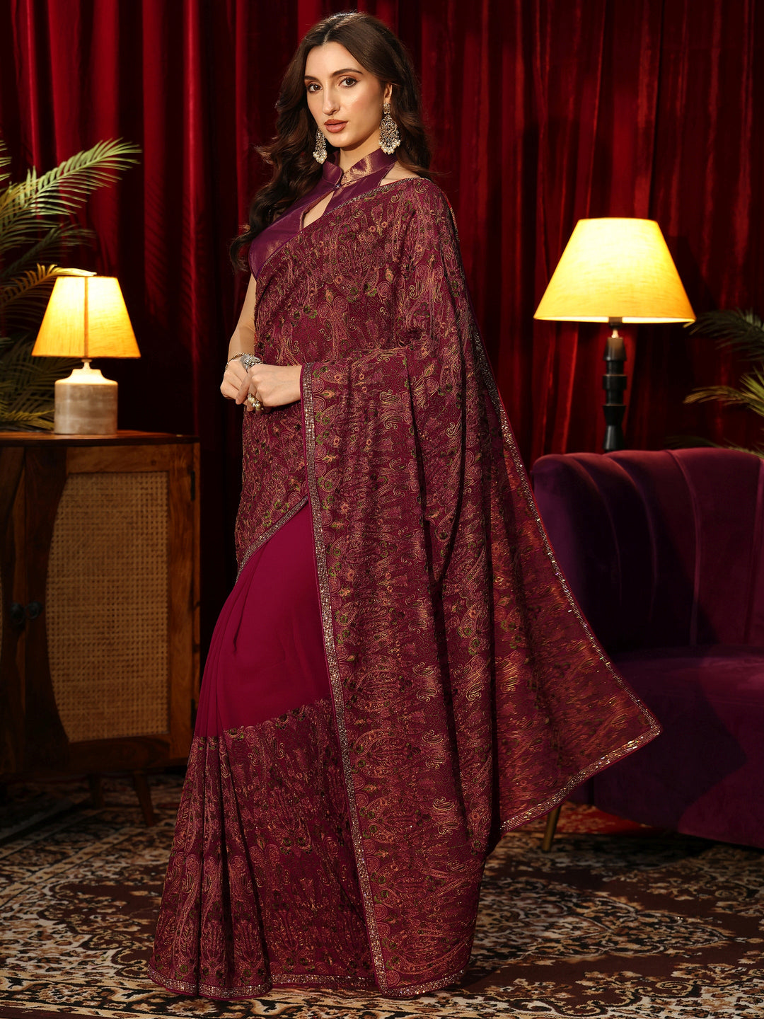 Libas Art Magenta Pink Printed Georgette Saree with Embellished Border