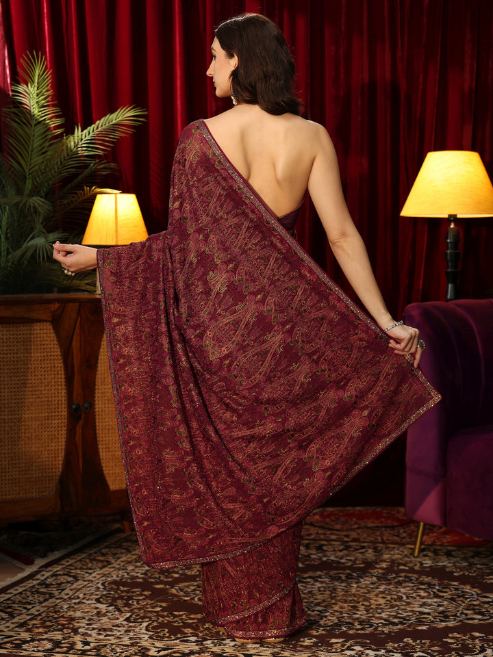 Libas Art Magenta Pink Printed Georgette Saree with Embellished Border