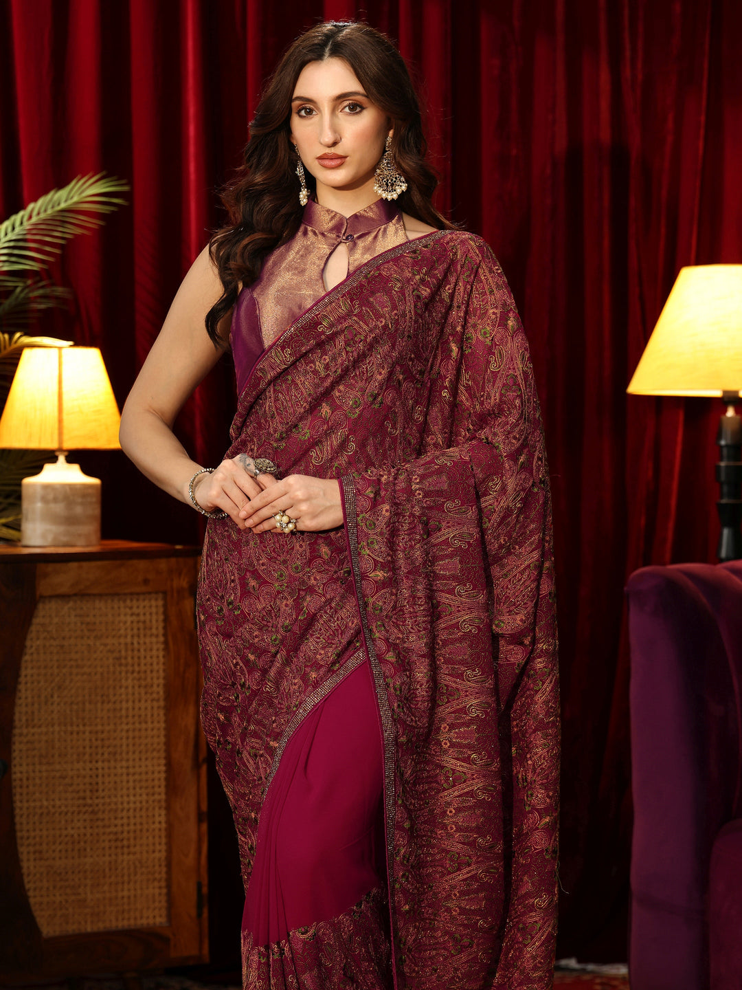 Libas Art Magenta Pink Printed Georgette Saree with Embellished Border