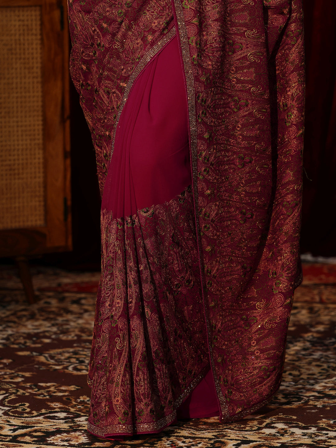 Libas Art Magenta Pink Printed Georgette Saree with Embellished Border