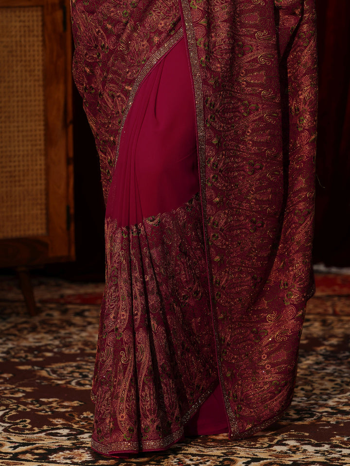 Libas Art Magenta Pink Printed Georgette Saree with Embellished Border