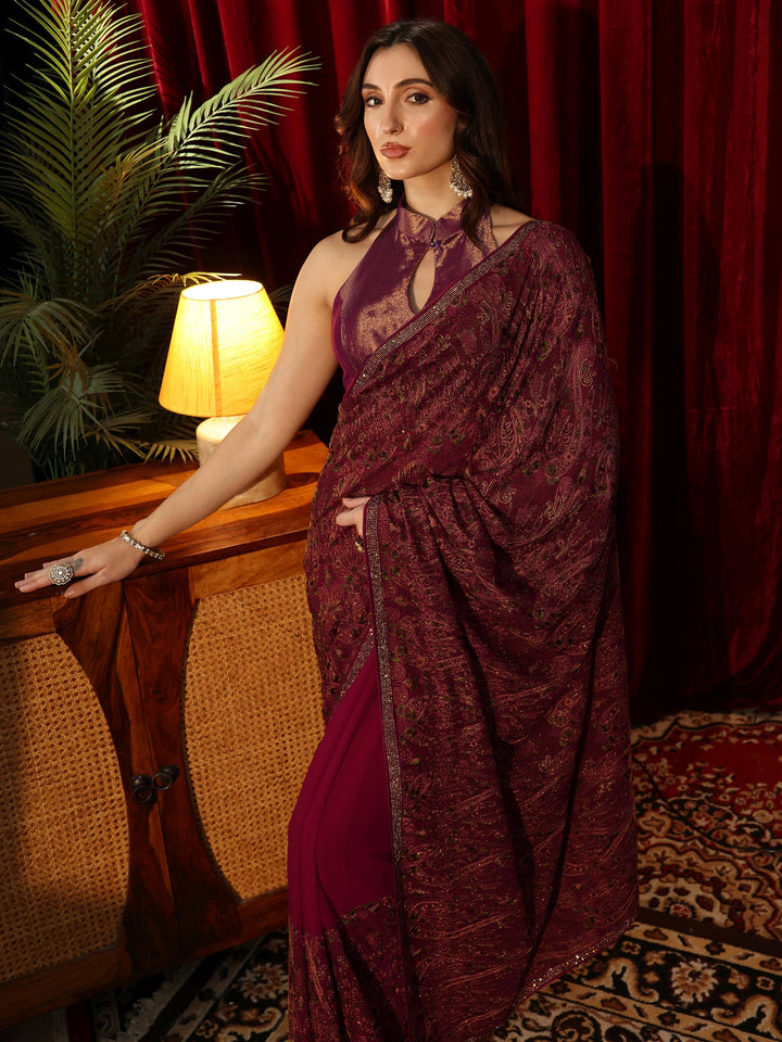 Libas Art Magenta Pink Printed Georgette Saree with Embellished Border