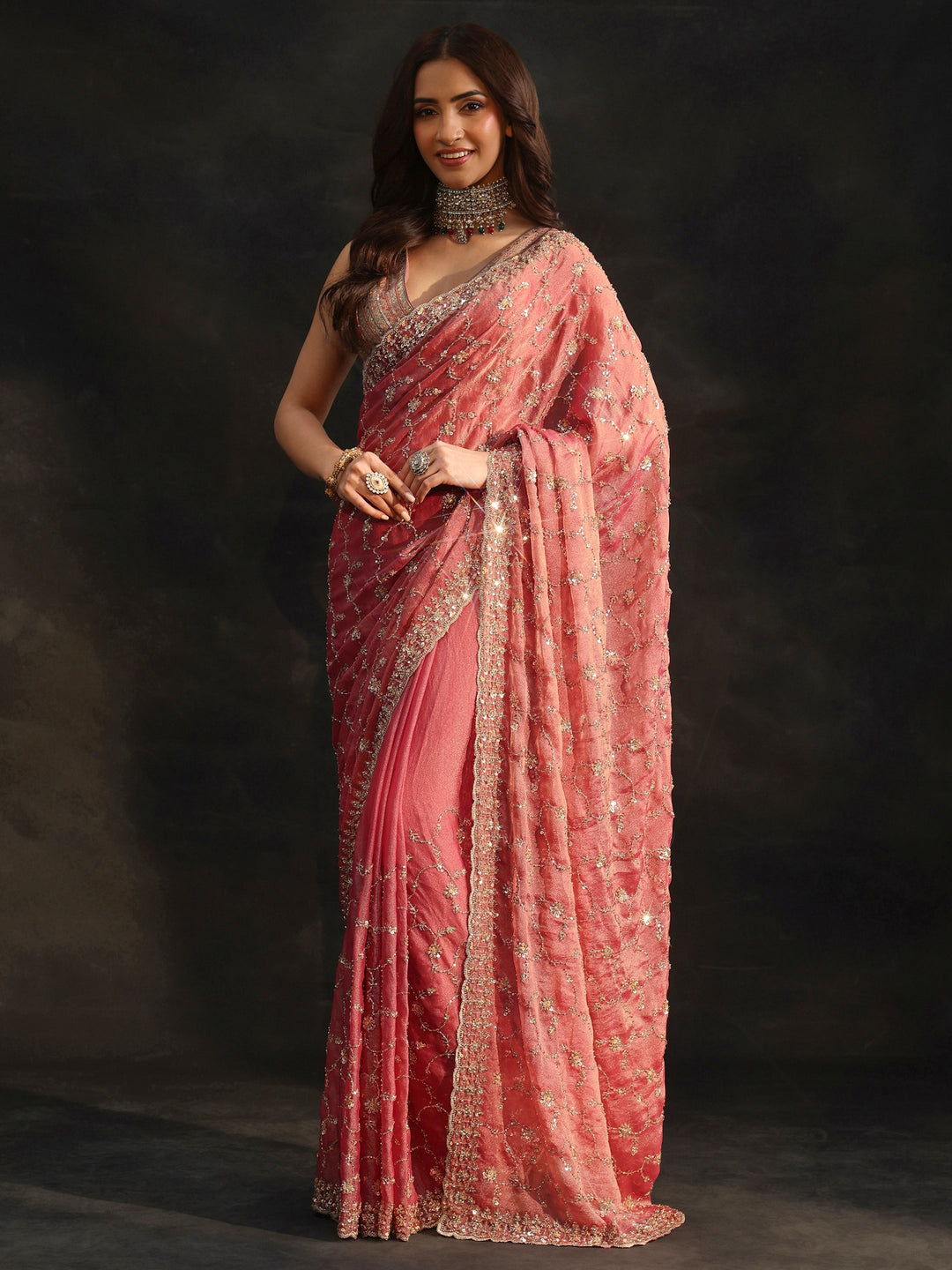 Libas Art Rose Pink Sequins Embellished Tissue Saree
