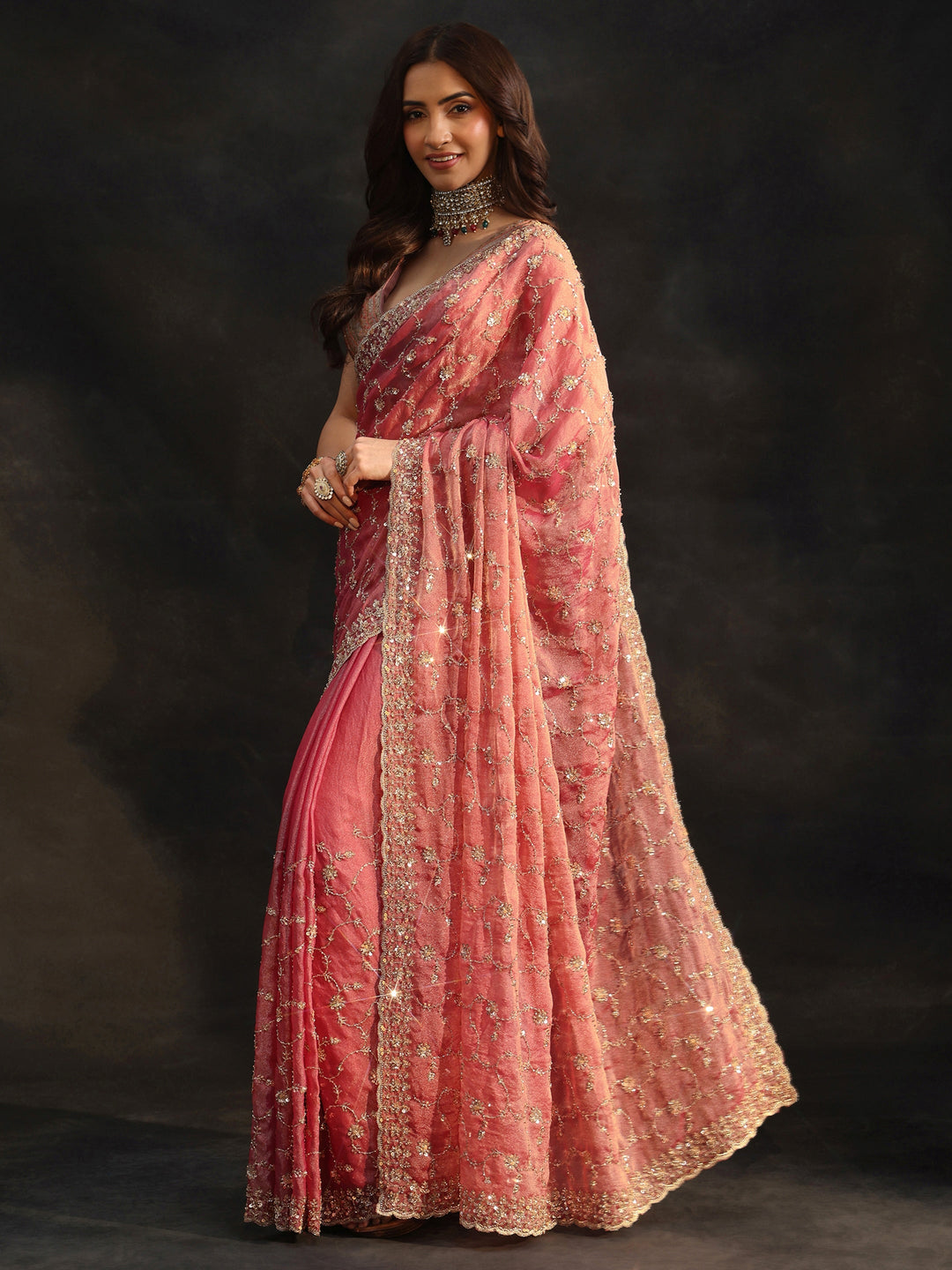 Libas Art Rose Pink Sequins Embellished Tissue Saree