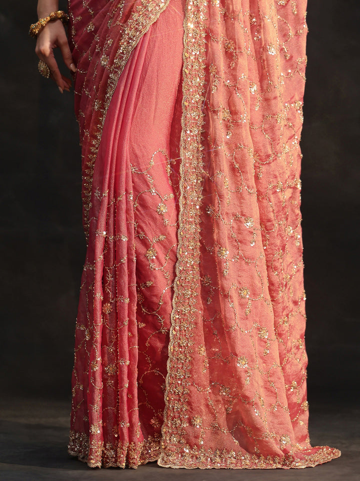 Libas Art Rose Pink Sequins Embellished Tissue Saree