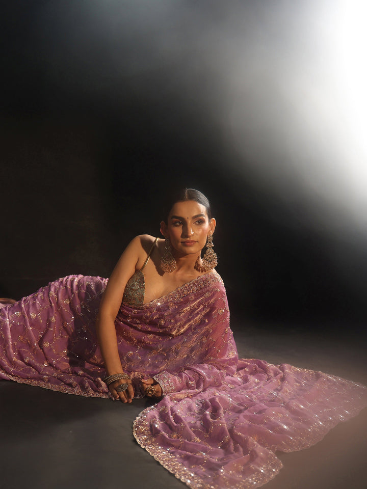Libas Art Dusty Lavender Sequins Embellished Tissue Saree