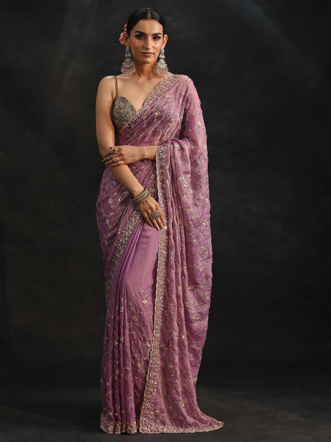 Libas Art Dusty Lavender Sequins Embellished Tissue Saree