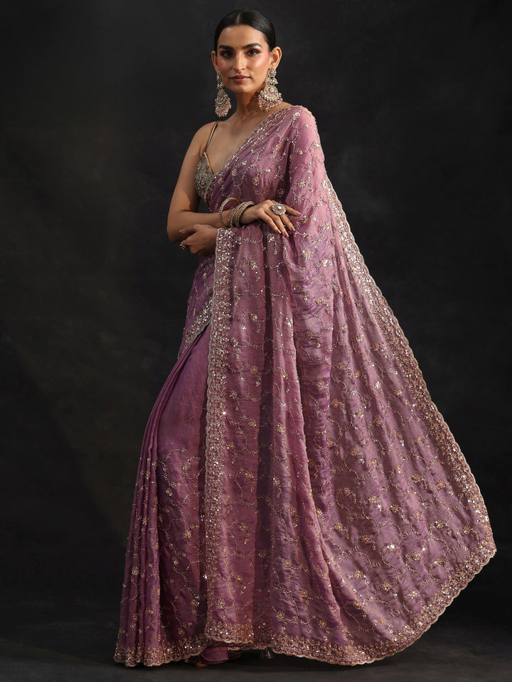 Libas Art Dusty Lavender Sequins Embellished Tissue Saree