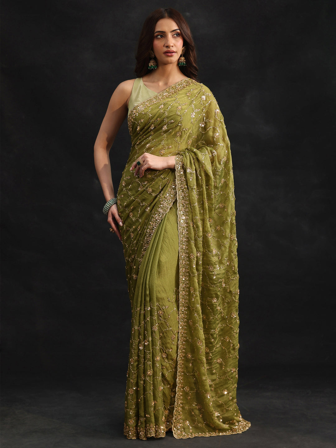 Libas Art Olive Green Sequins Embellished Tissue Saree