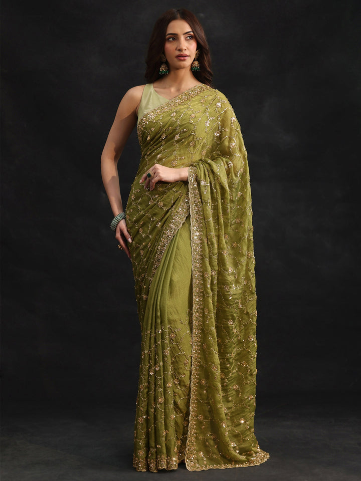 Libas Art Olive Green Sequins Embellished Tissue Saree
