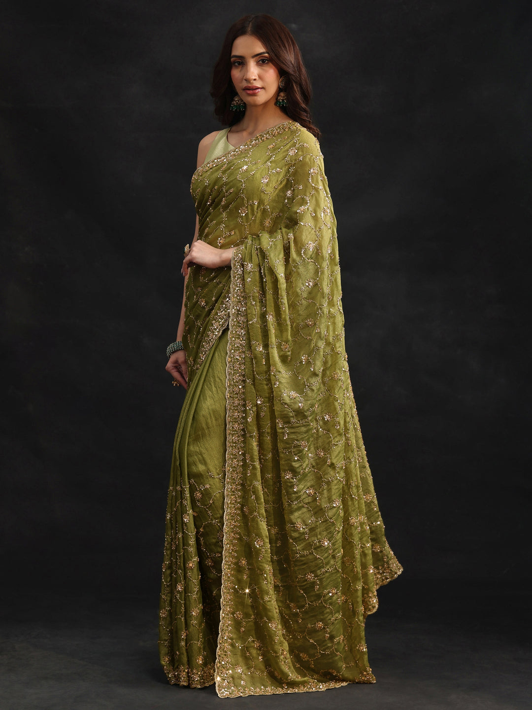 Libas Art Olive Green Sequins Embellished Tissue Saree