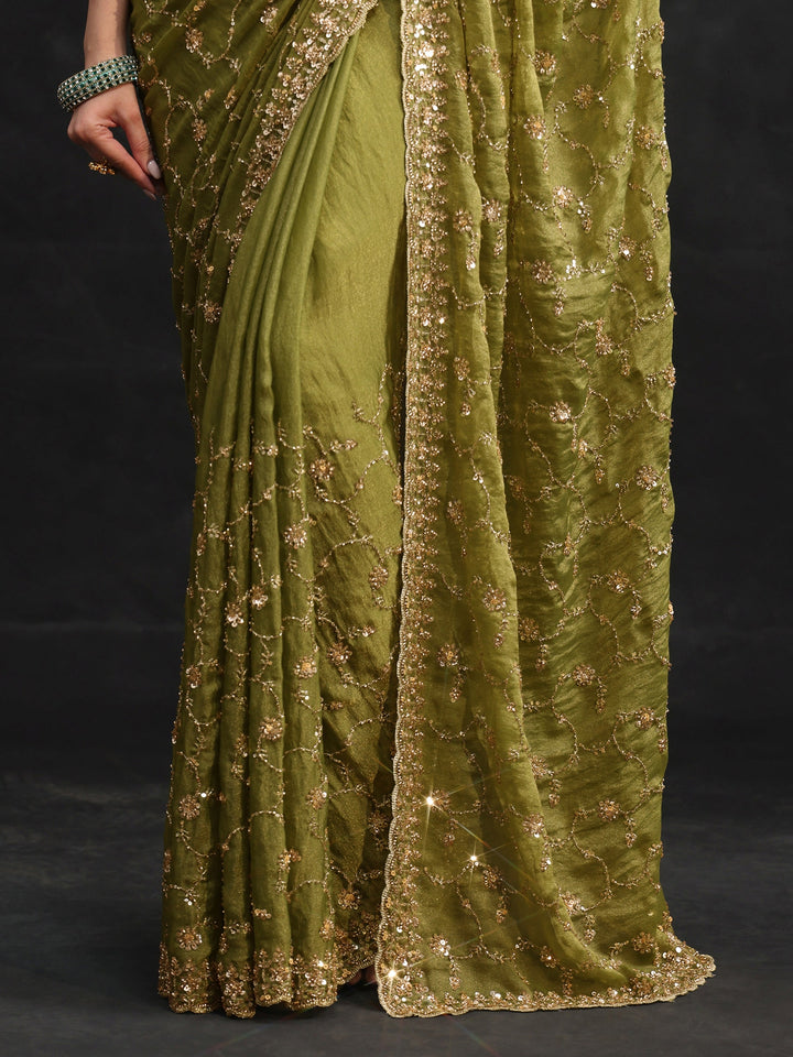 Libas Art Olive Green Sequins Embellished Tissue Saree