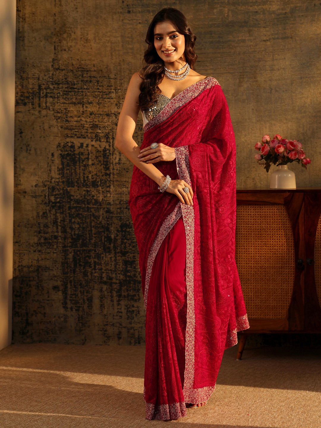 Libas Art Ruby Red Paisley Embroidered Georgette Saree