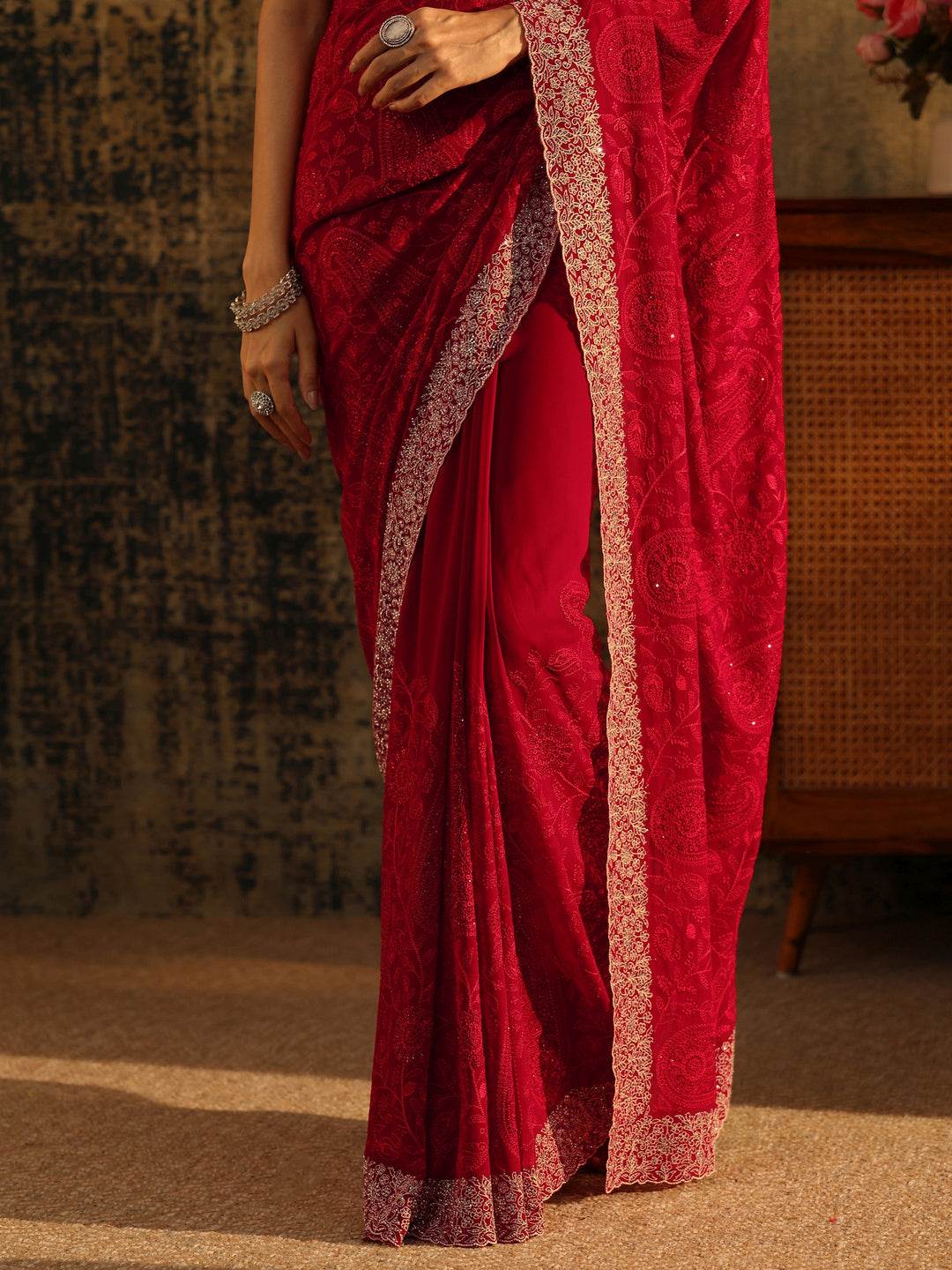 Libas Art Ruby Red Paisley Embroidered Georgette Saree