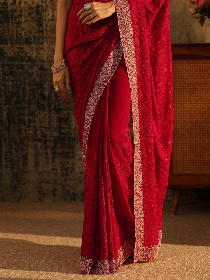 Libas Art Ruby Red Paisley Embroidered Georgette Saree