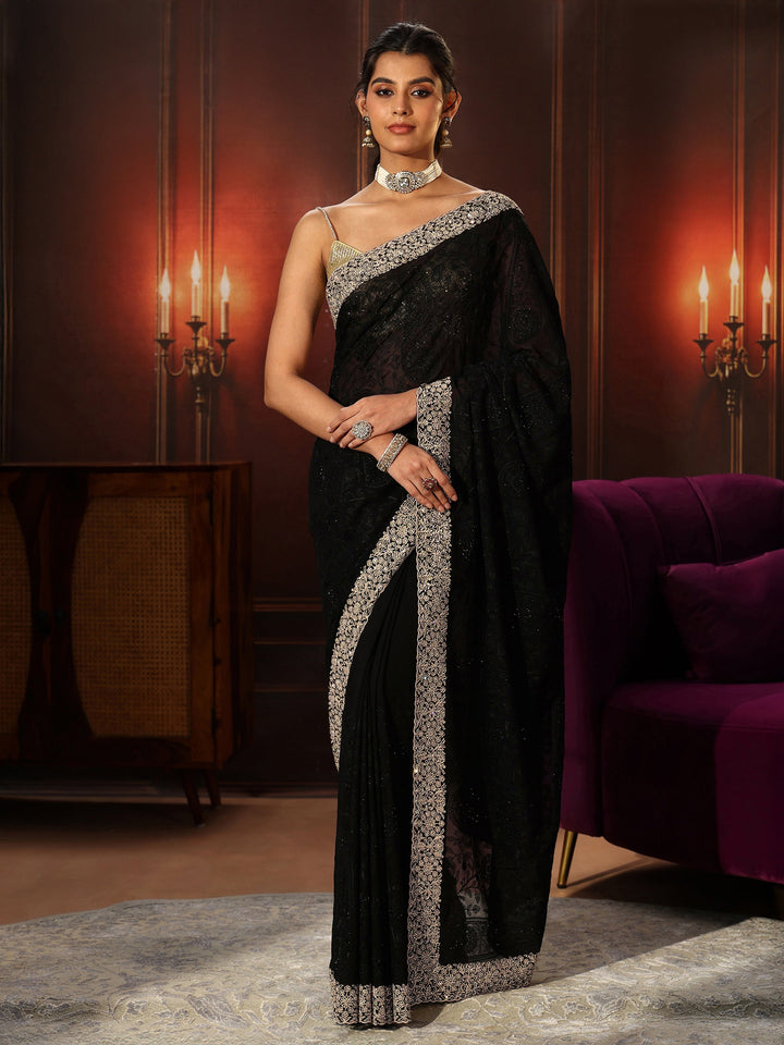 Libas Art Black Floral Embroidered Georgette Saree