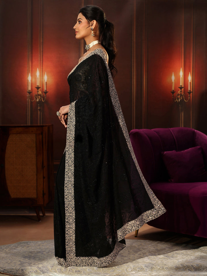 Libas Art Black Floral Embroidered Georgette Saree