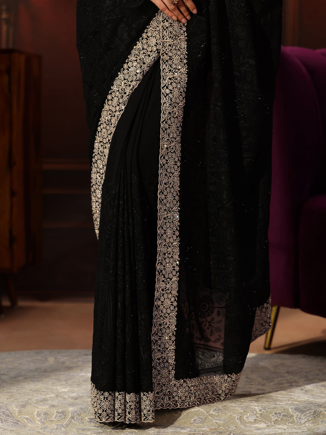Libas Art Black Floral Embroidered Georgette Saree