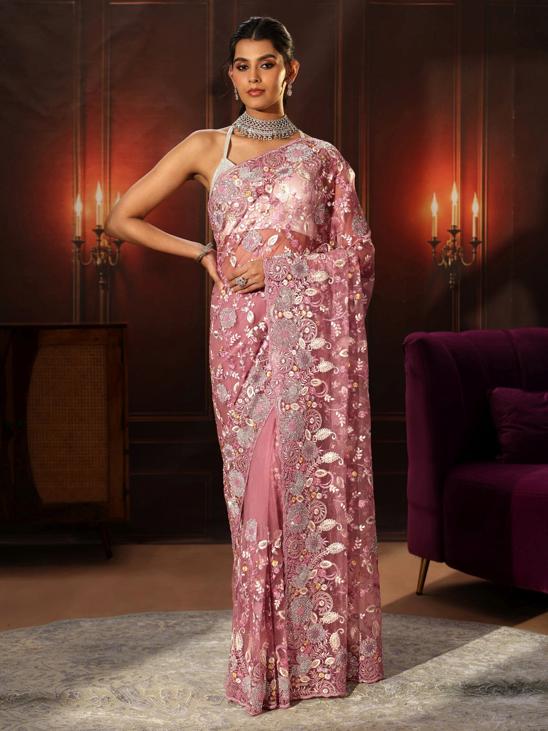Libas Art Blush Pink Floral Embroidered Net Saree