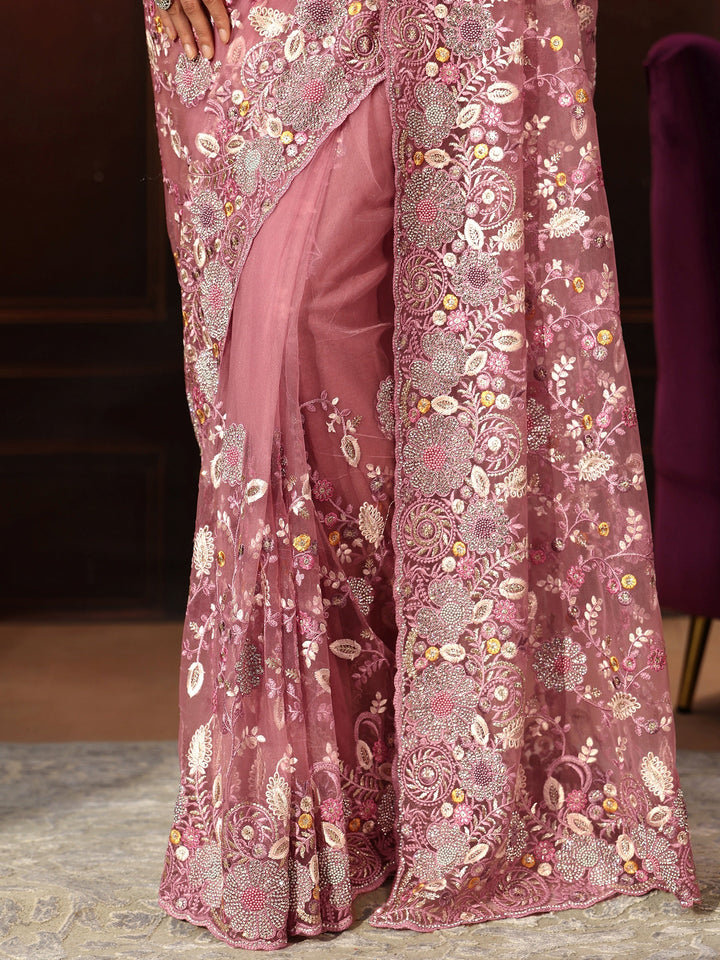 Libas Art Blush Pink Floral Embroidered Net Saree
