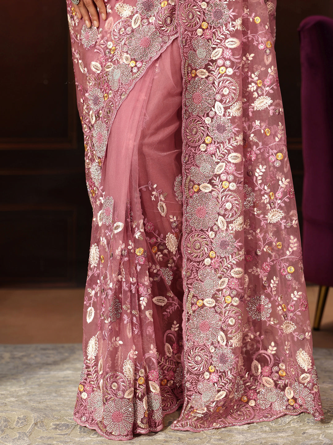 Libas Art Blush Pink Floral Embroidered Net Saree