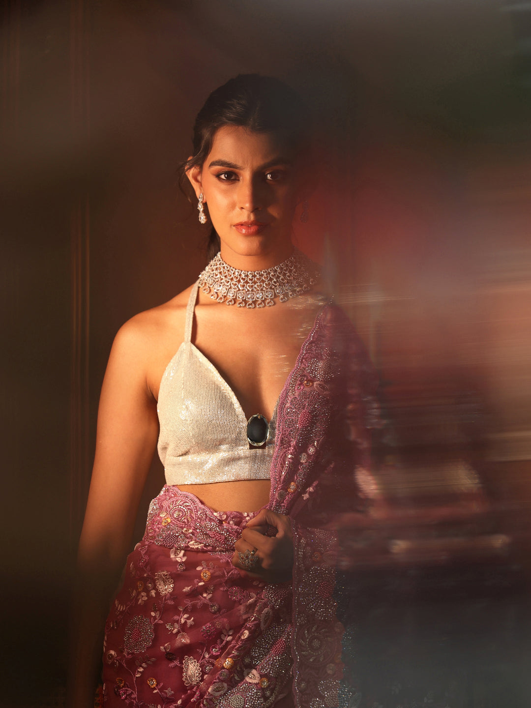 Libas Art Blush Pink Floral Embroidered Net Saree