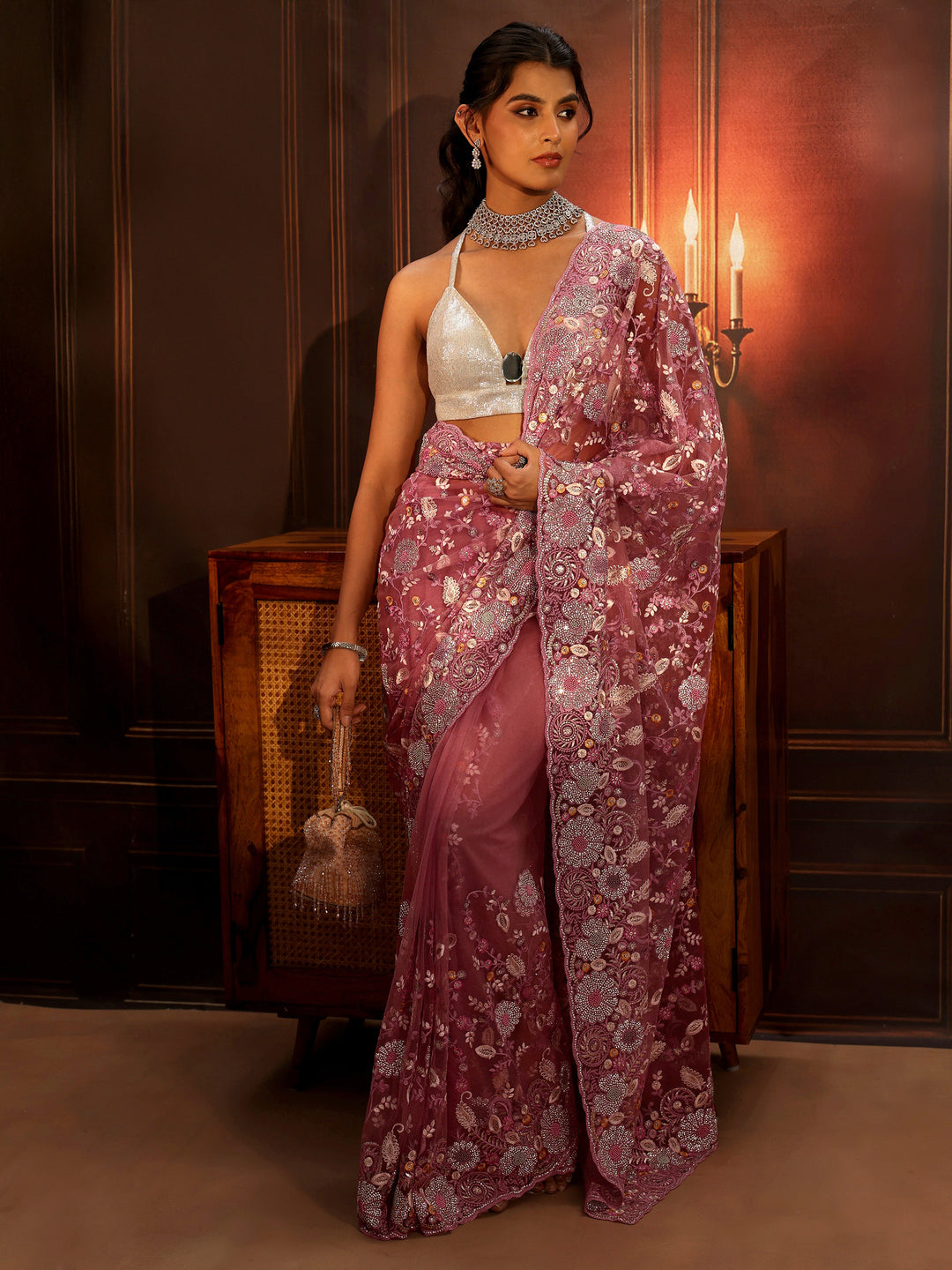 Libas Art Blush Pink Floral Embroidered Net Saree