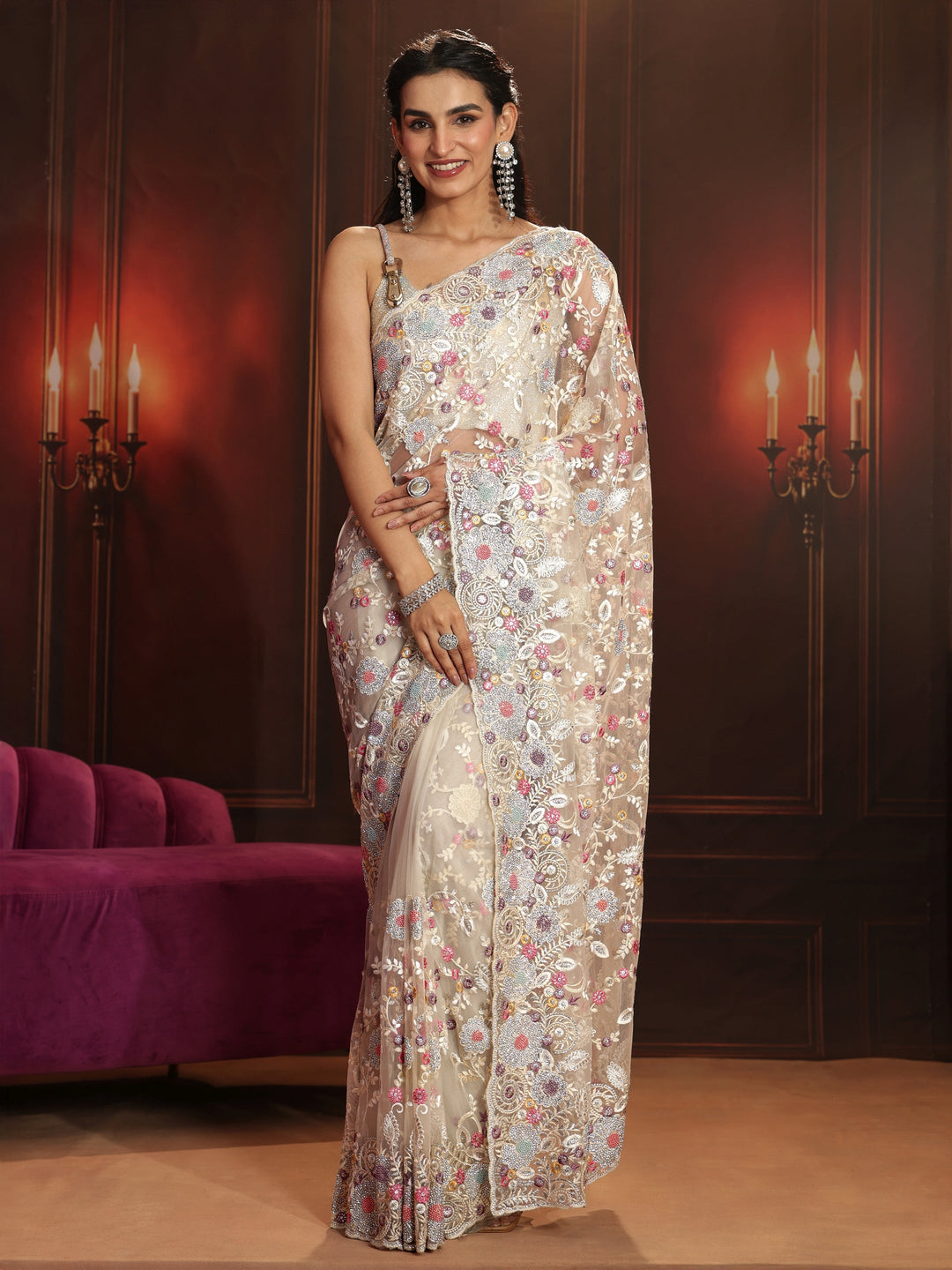 Libas Art Cream Floral Embroidered Net Saree