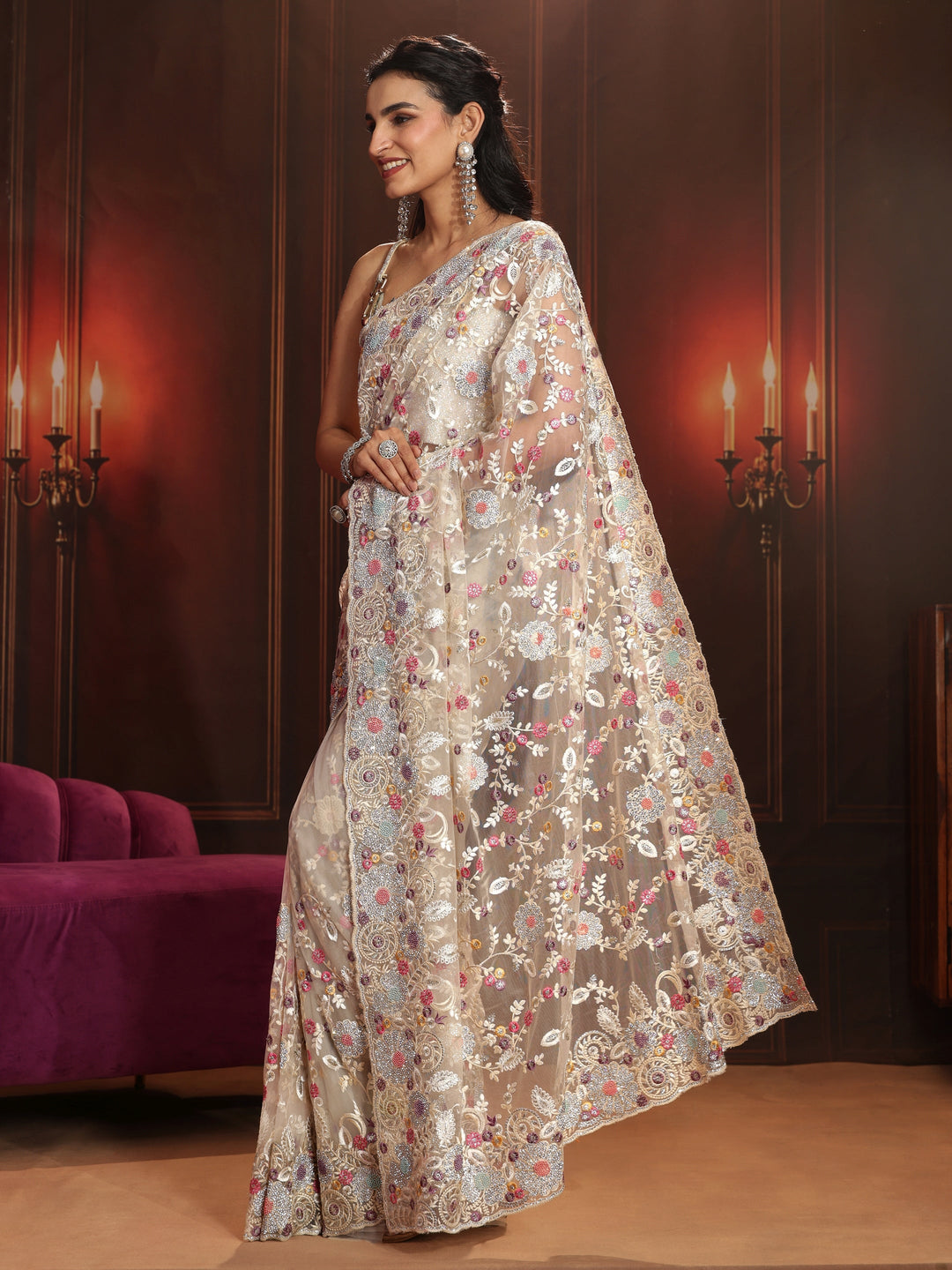 Libas Art Cream Floral Embroidered Net Saree