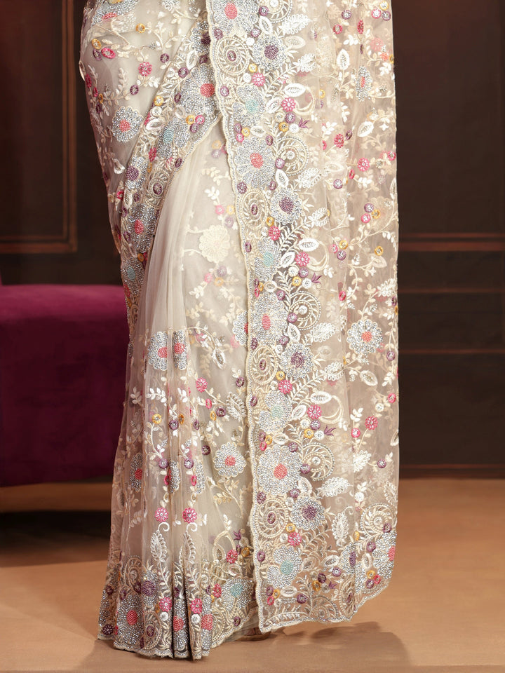Libas Art Cream Floral Embroidered Net Saree