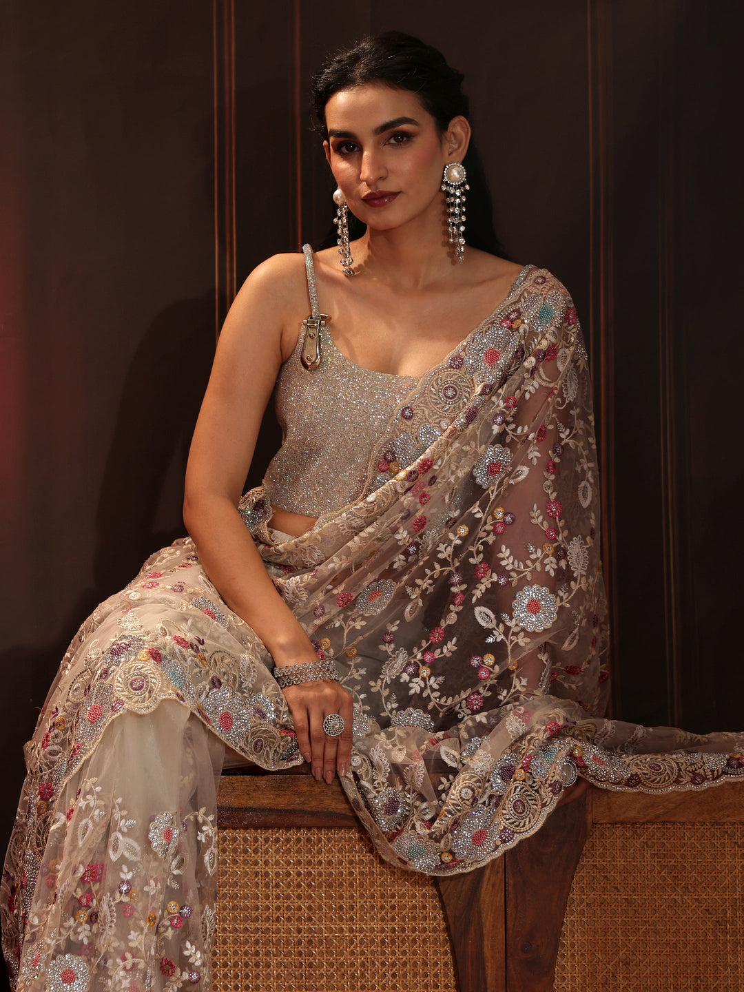 Libas Art Cream Floral Embroidered Net Saree