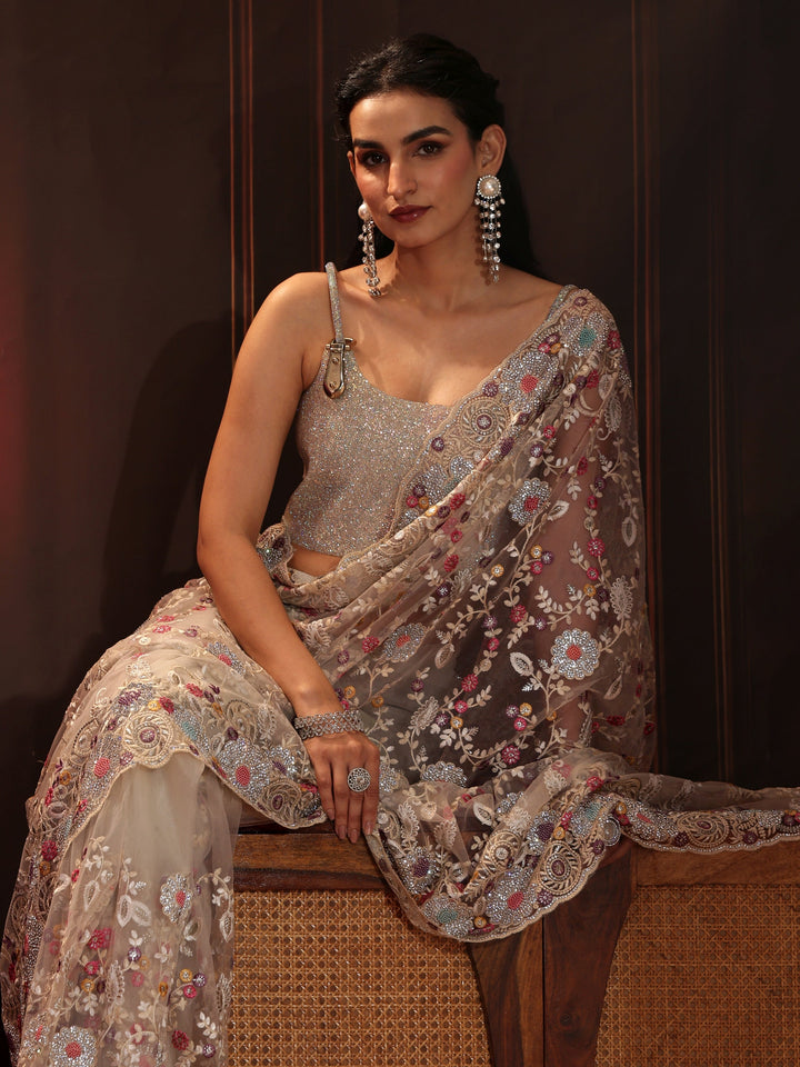Libas Art Cream Floral Embroidered Net Saree