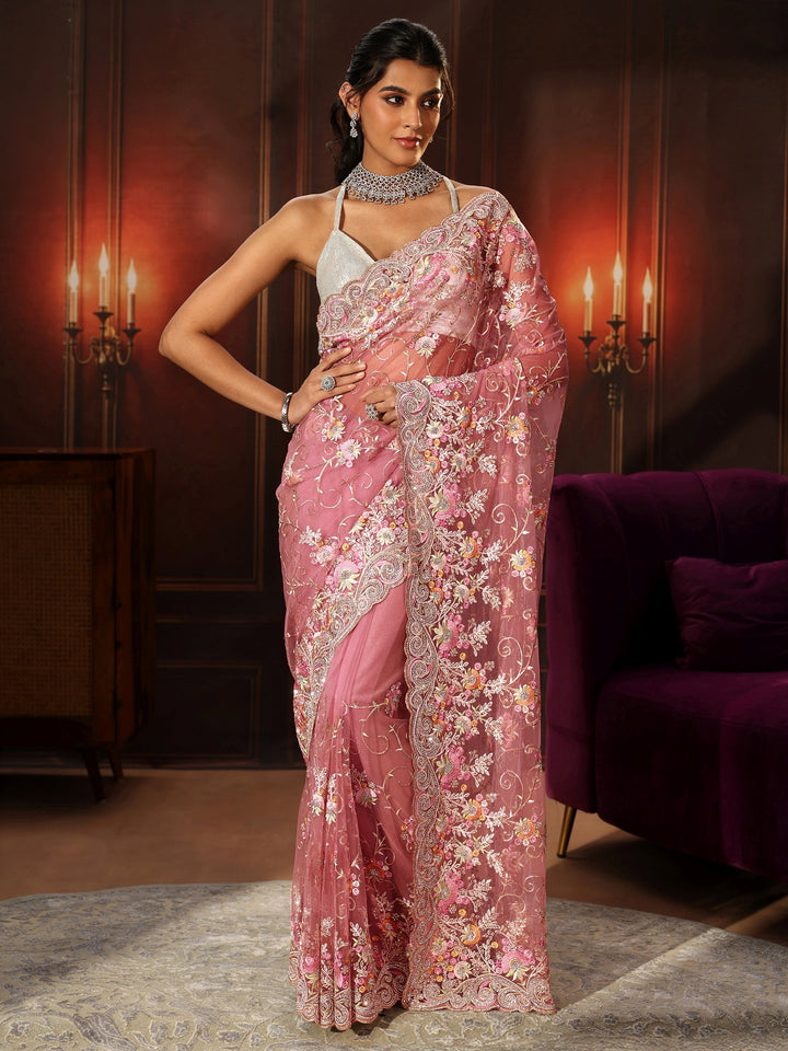 Libas Art Blush Pink Floral Embroidered Net Saree