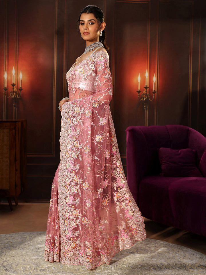 Libas Art Blush Pink Floral Embroidered Net Saree