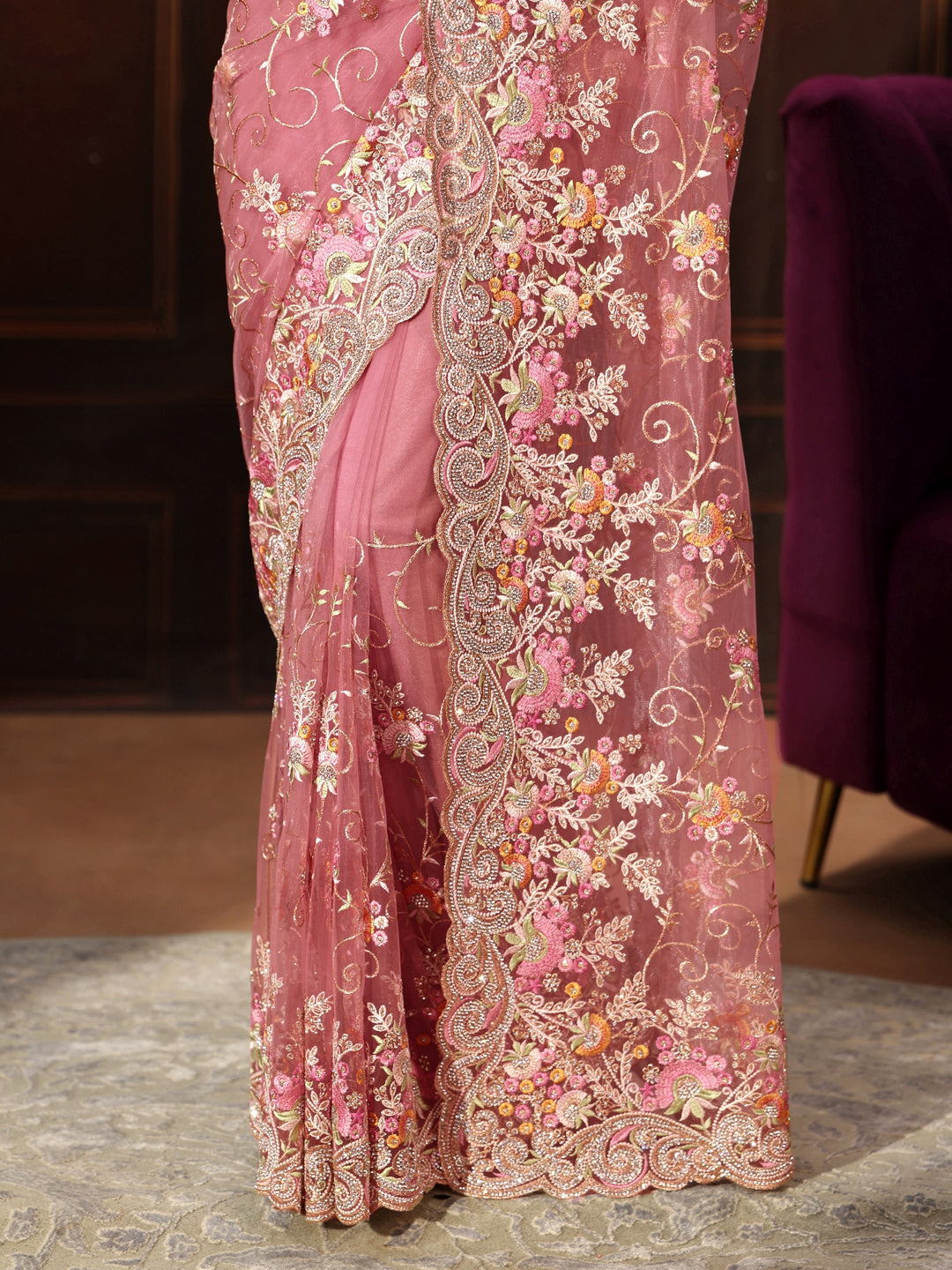 Libas Art Blush Pink Floral Embroidered Net Saree