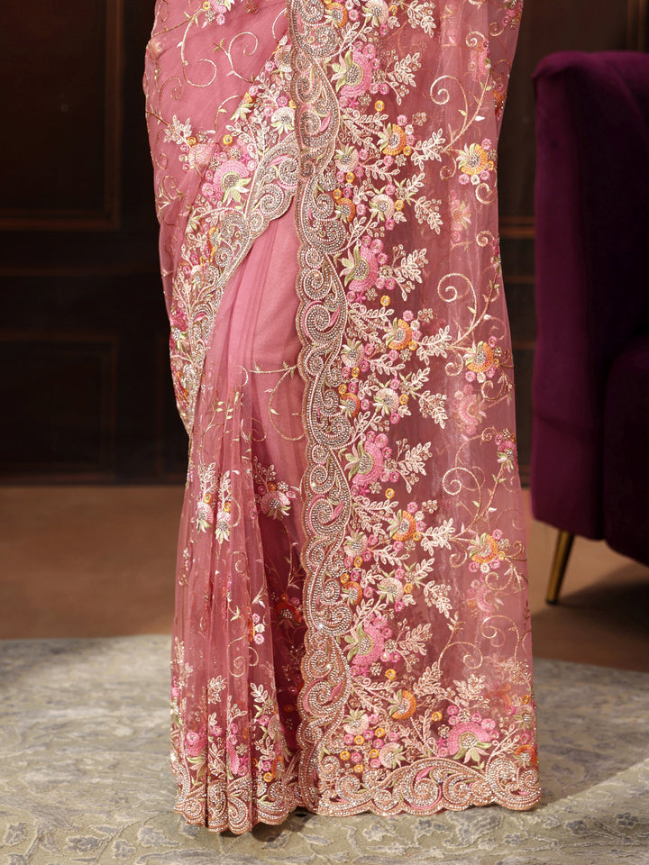 Libas Art Blush Pink Floral Embroidered Net Saree